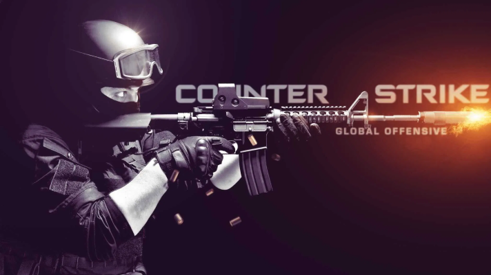 Counter Strike Global Offensive logo with a soldier shooting through the logo