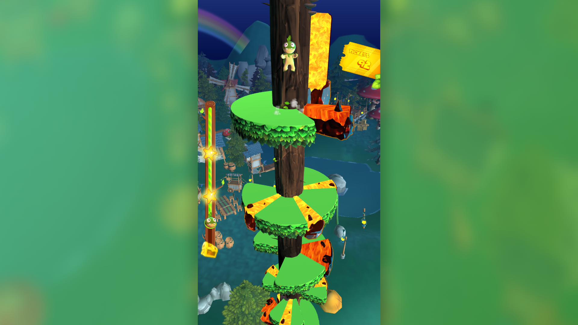 Forest Jump gameplay of a character jumping on round platforms with a hole in each one of them in which the character has to go through to progress in the game